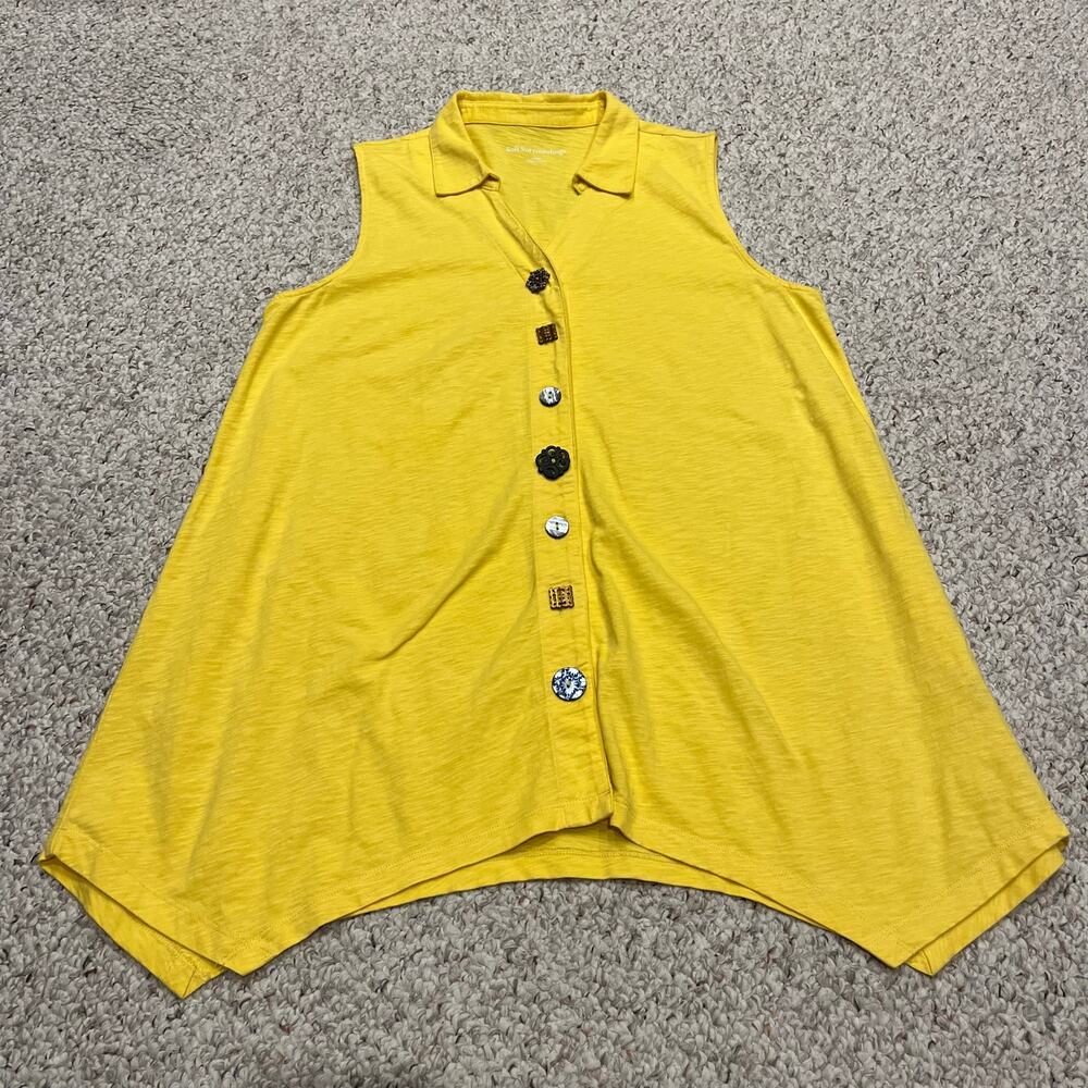 Soft Surroundings Danielle Button Down Sleeveless Tunic L Yellow Quirky Casual